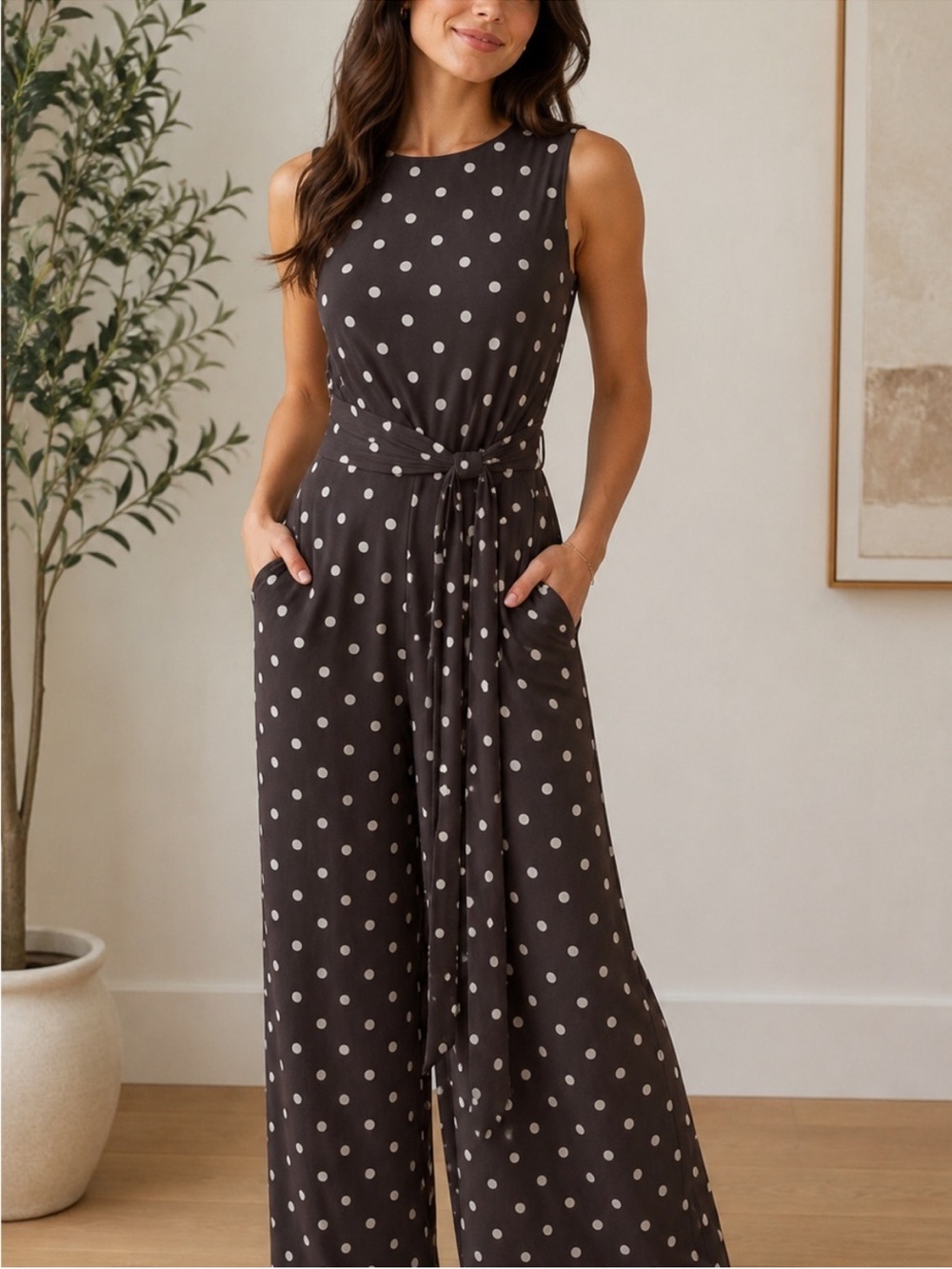 Lauren Ralph Lauren Black Polka Dot Sleeveless Wide-Leg Jumpsuit with Waist Tie